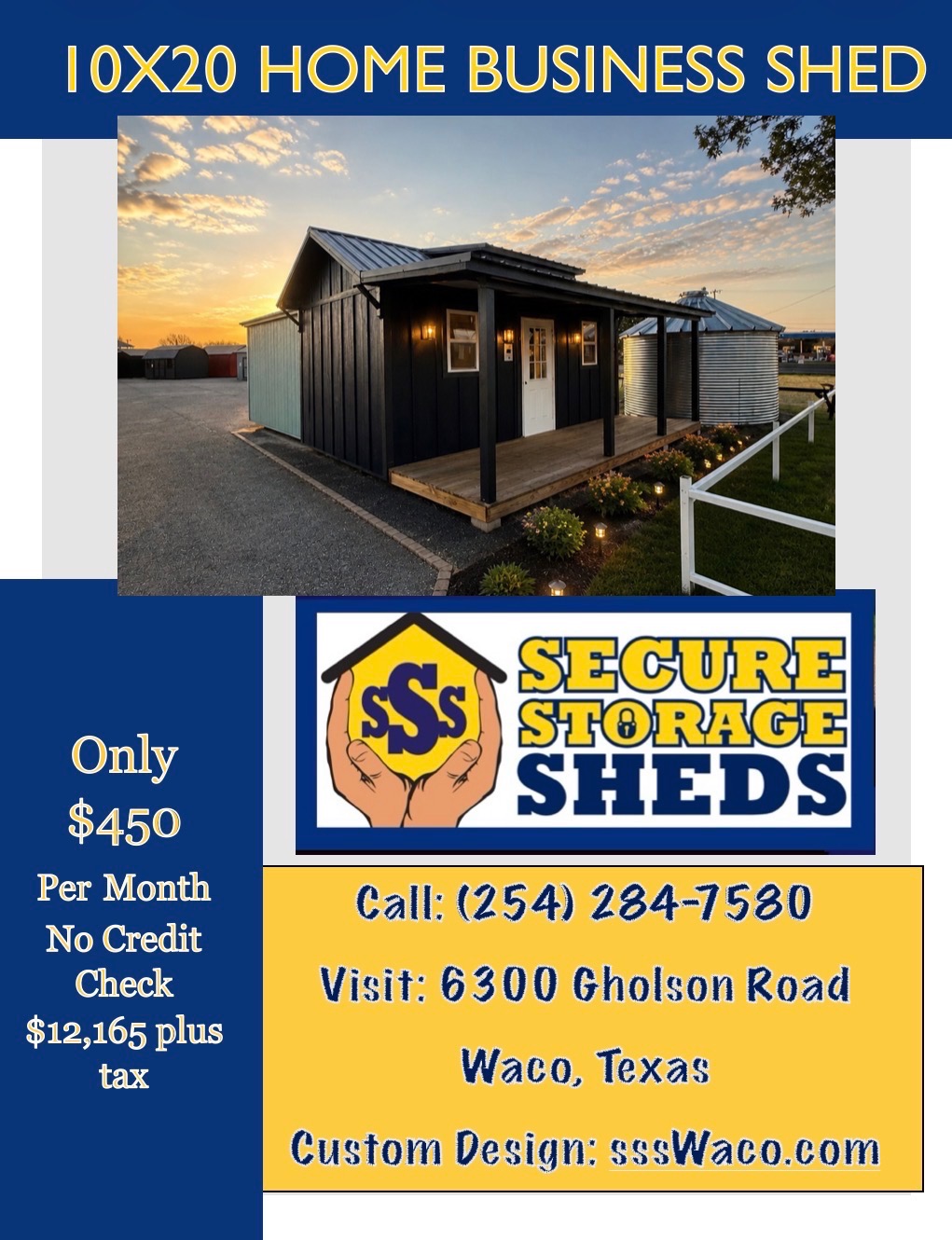 10x20 Home Business Shed — $450 per month, no credit check, $12,165 plus tax
